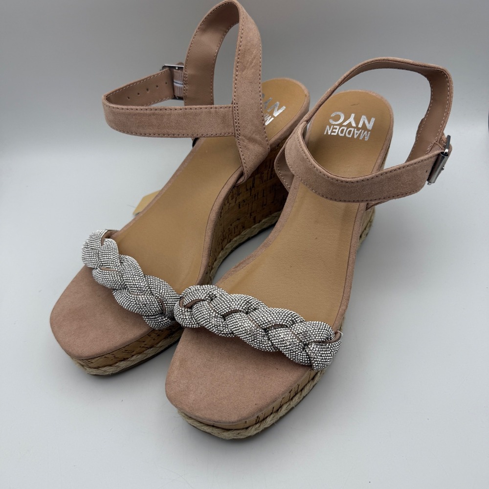 Madden NYC Wedge Sandals Braided Rhinestone Ankle Espadrille Blush Size 9 NWT